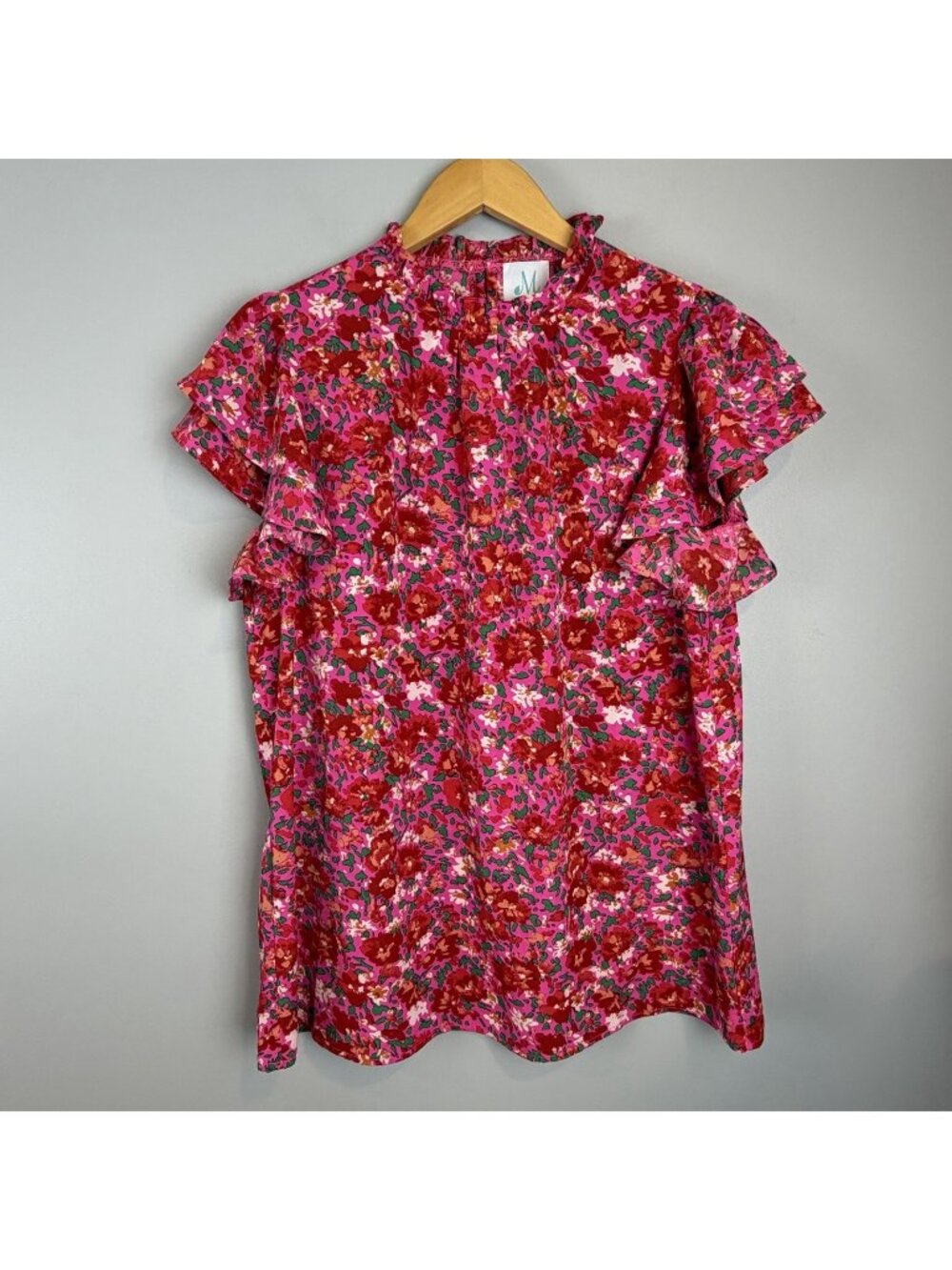 The Mint Julep Boutique Floral Blouse Size Large Pink Red Ruffle Sleeve Boho Top